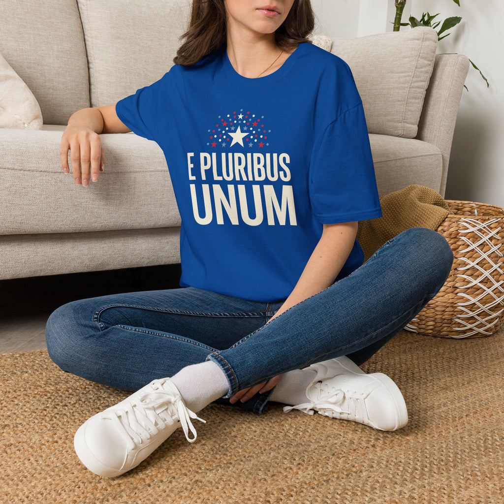 Royal blue T-shirt with 'E PLURIBUS UNUM' starburst graphic