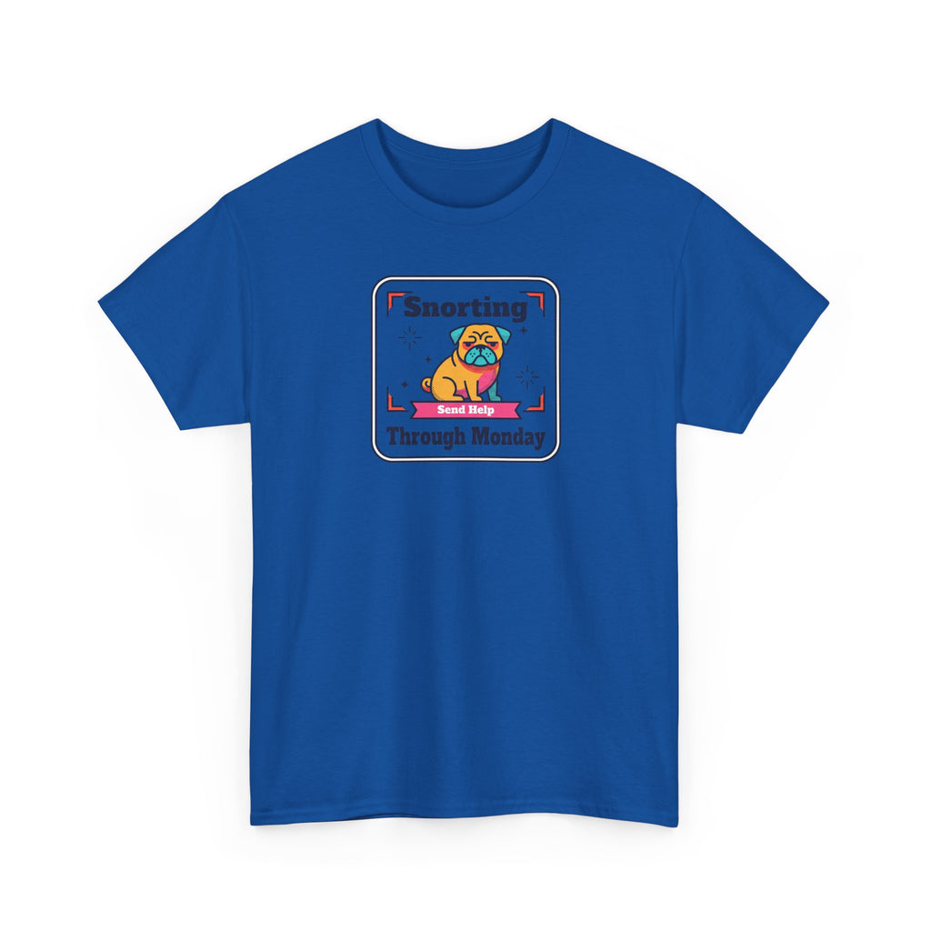 Royal blue crewneck T-shirt with pug graphic badge on the front.