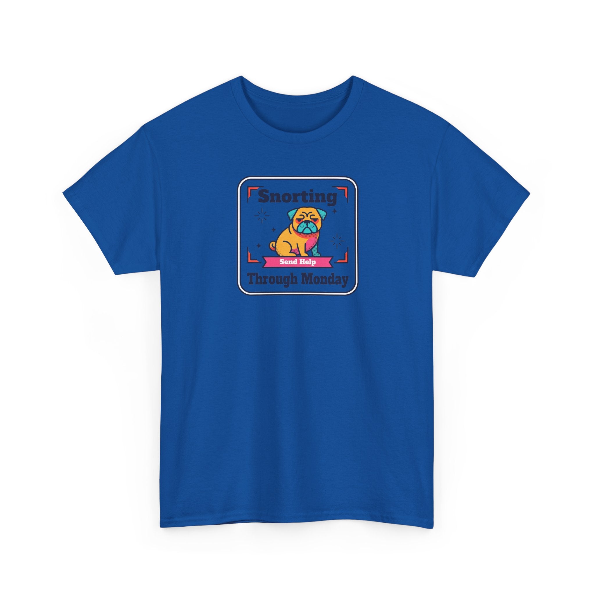 Royal blue crewneck T-shirt with pug graphic badge on the front.