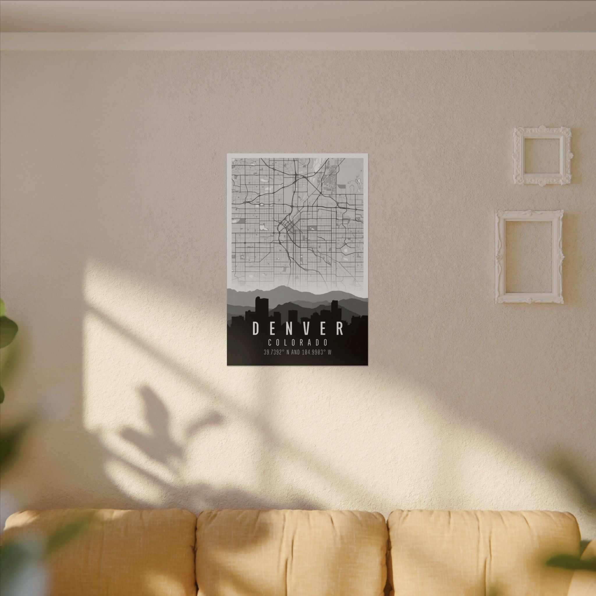 Small Denver skyline map canvas with white frame; “DENVER” lettering and coordinates.