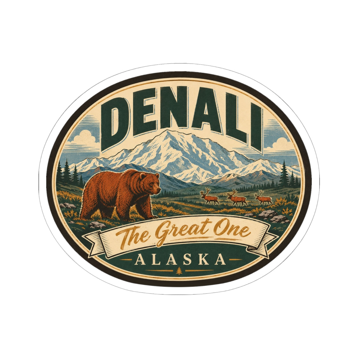 Denali oval sticker featuring a brown bear, mountain range, and “The Great One Alaska” ribbon