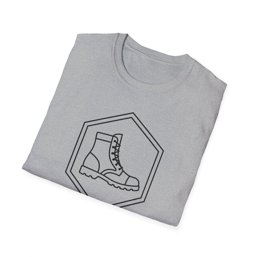 Heather gray T-shirt with line-art military boot in hex badge graphic