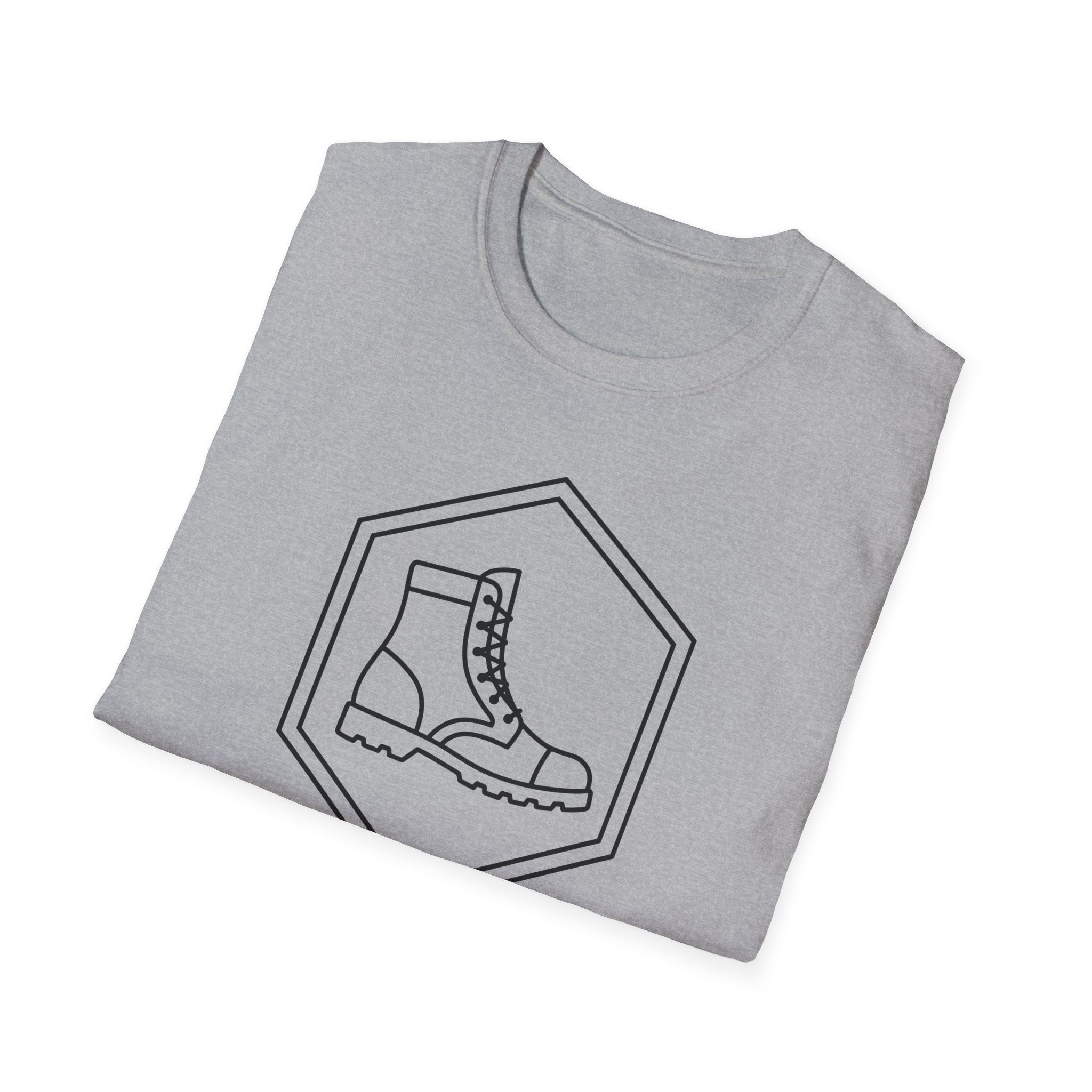 Heather gray T-shirt with line-art military boot in hex badge graphic