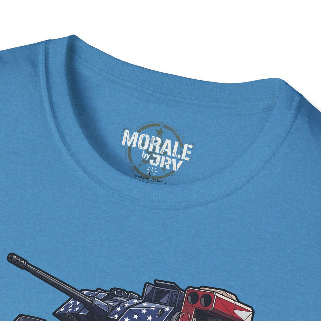 Light blue T-shirt back with 'MORALE by TRV' logo and tank artwork