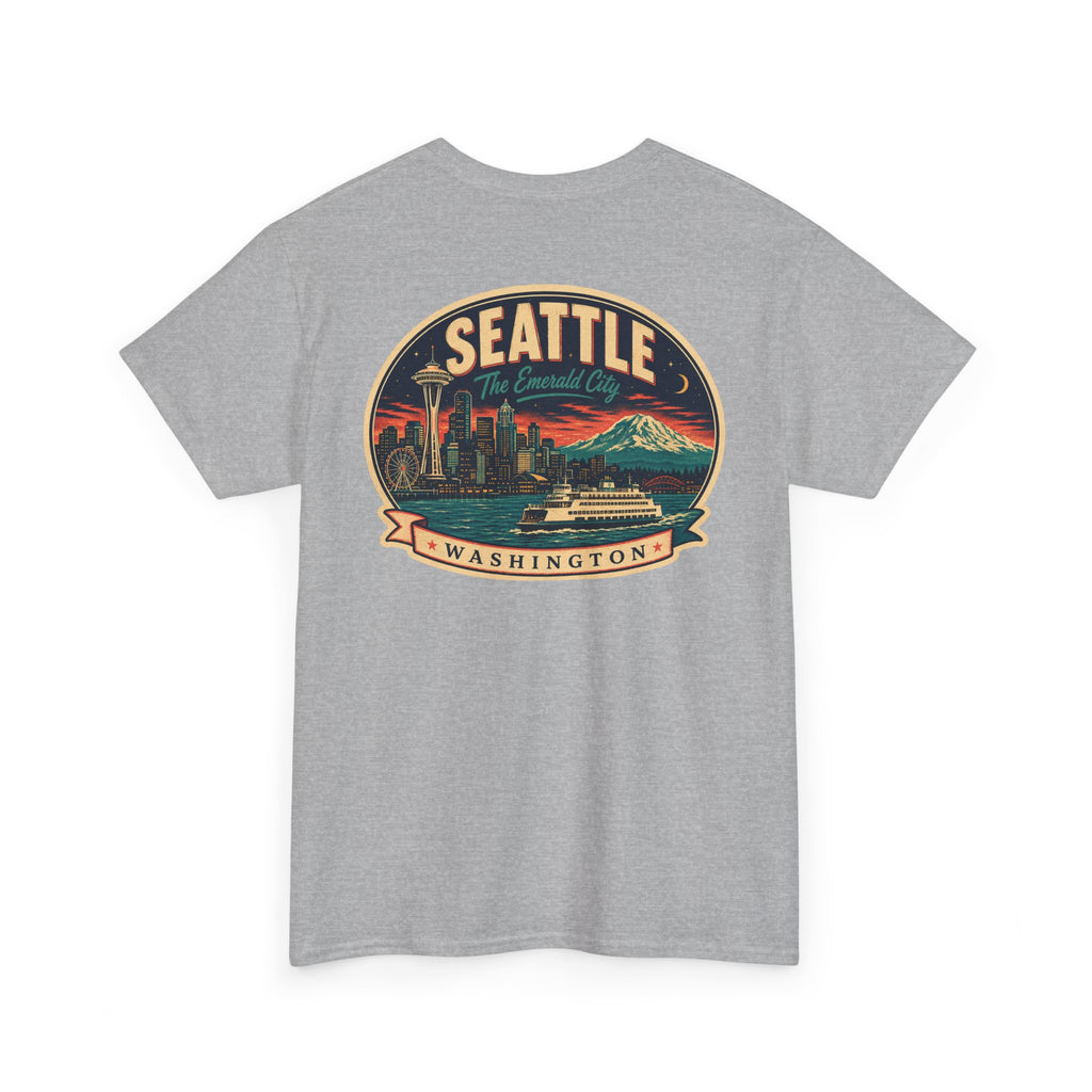 Gray Seattle logo T-shirt with retro skyline badge graphic