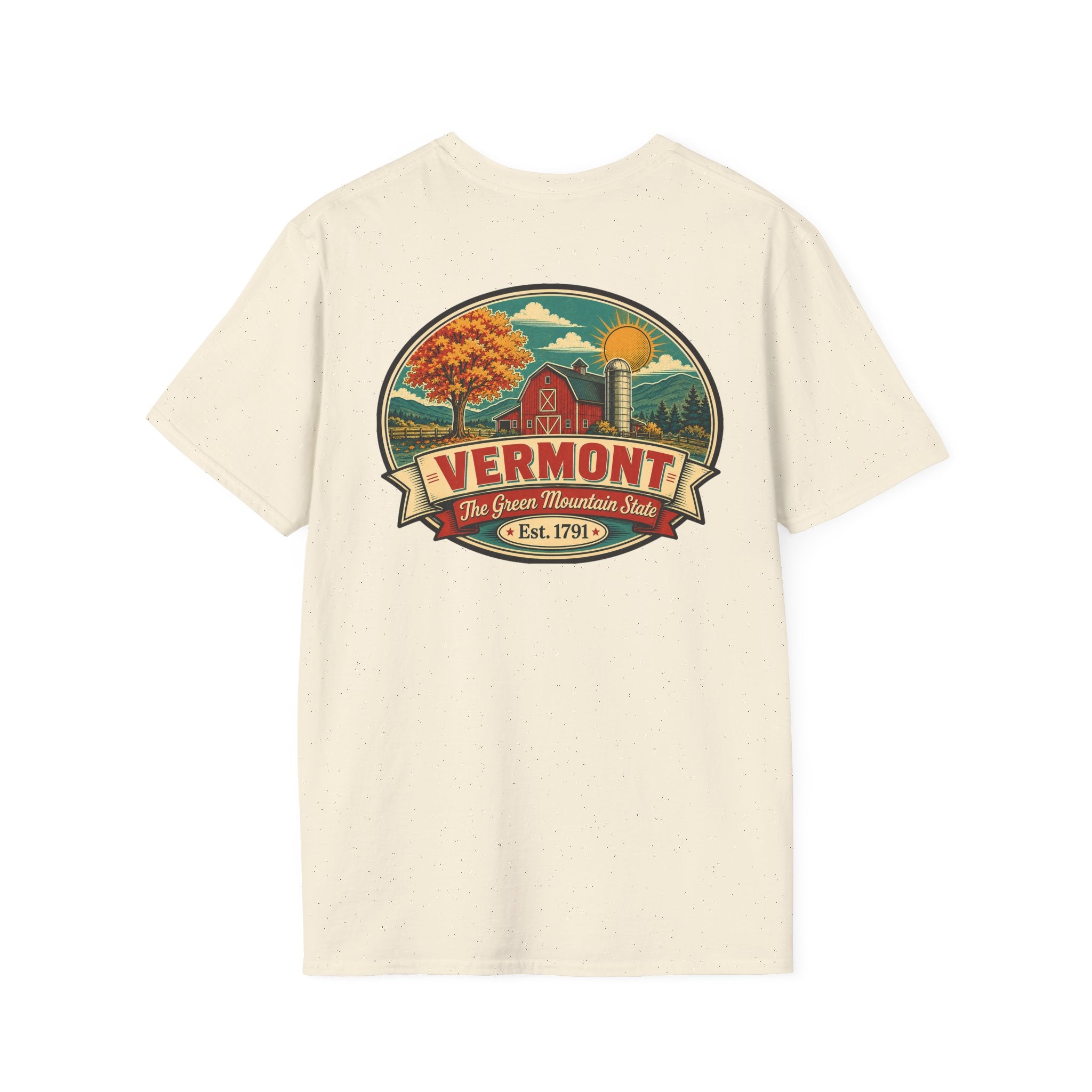 Cream T-shirt with Vermont badge graphic print, short sleeves, crew neck