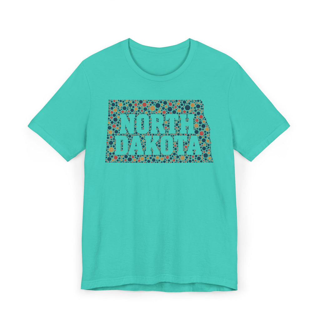 Aqua T-shirt with colorful "North Dakota" floral map graphic on front