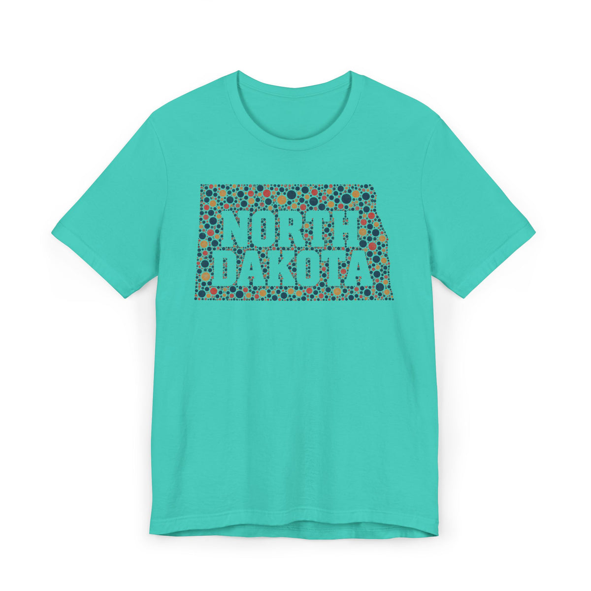 Aqua T-shirt with colorful "North Dakota" floral map graphic on front