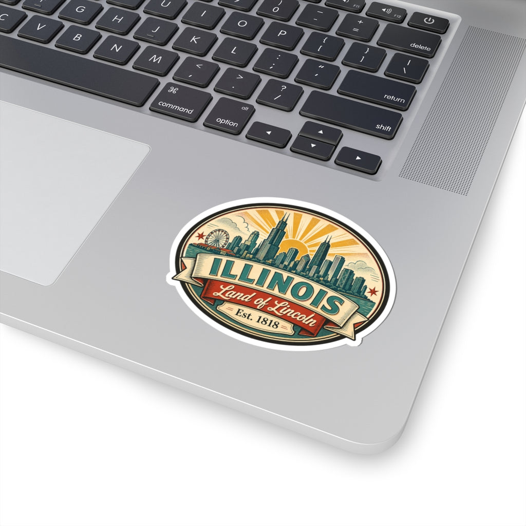 Kiss-cut vinyl decal on a laptop: Illinois skyline, “Land of Lincoln,” “Est. 1818.”