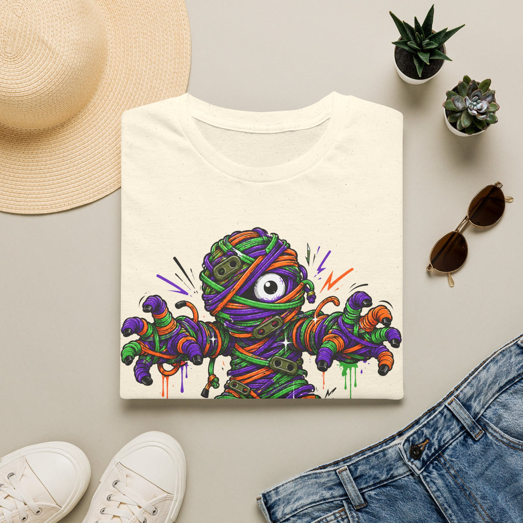 White graphic T-shirt with rainbow-wrapped mummy monster eye illustration