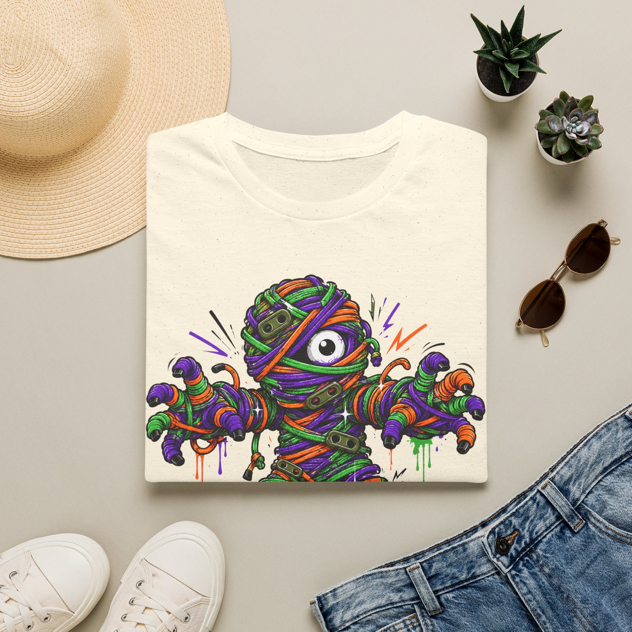 White graphic T-shirt with rainbow-wrapped mummy monster eye illustration