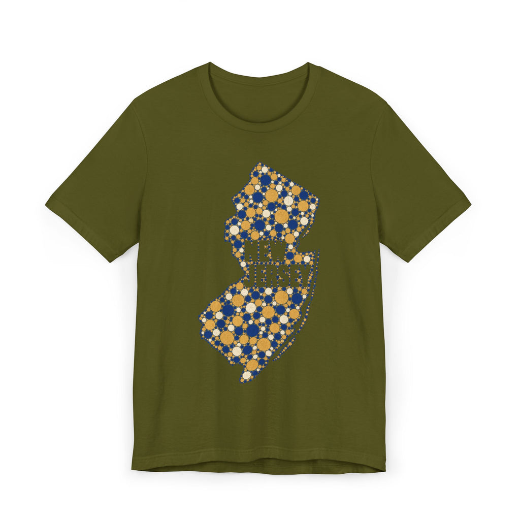 Olive green T-shirt with speckled floral New Jersey outline graphic in blue and gold