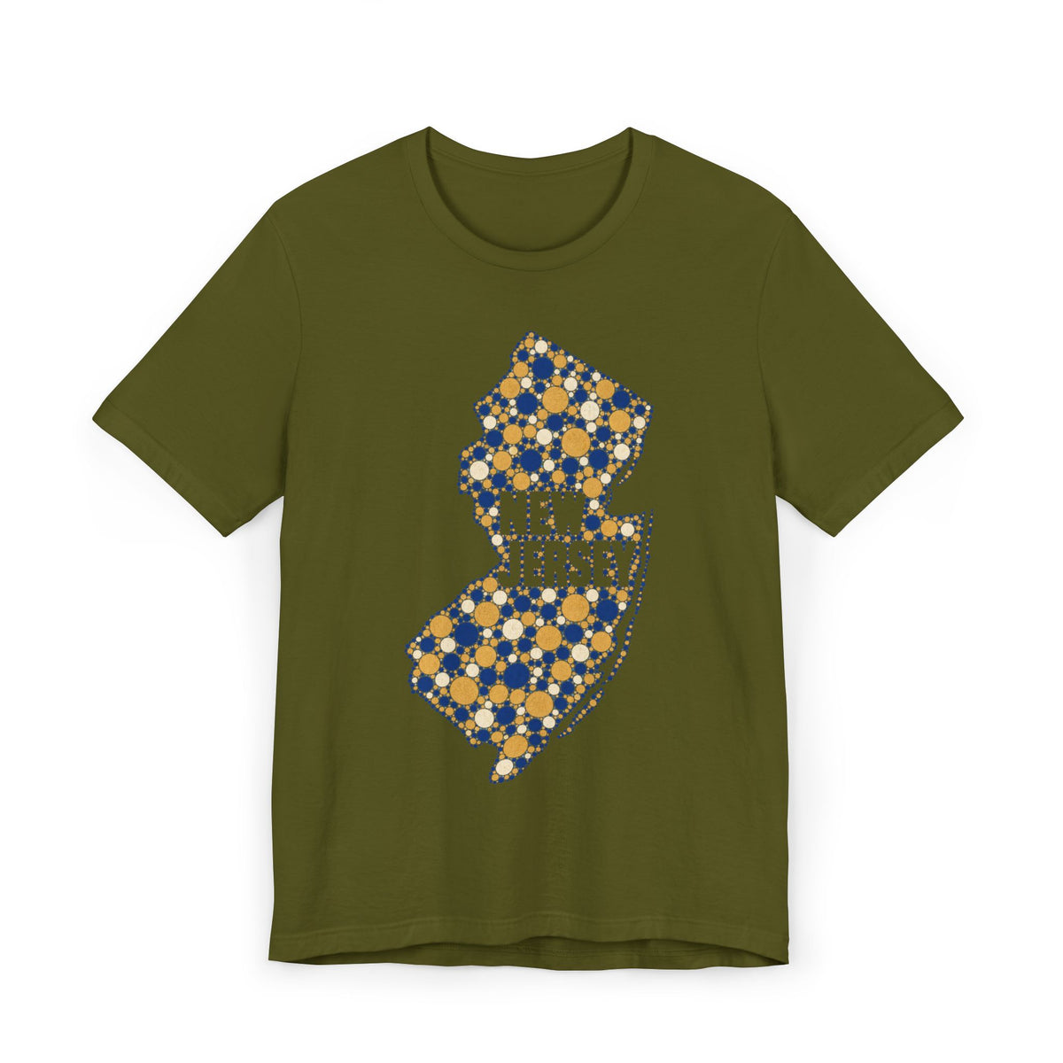 Olive green T-shirt with speckled floral New Jersey outline graphic in blue and gold