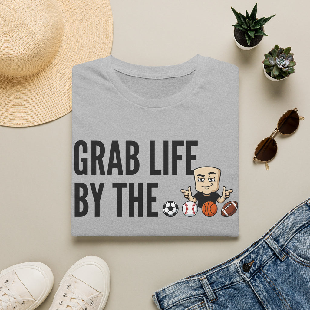 Light gray T-shirt with “GRAB LIFE BY THE” sports ball graphic and cartoon coach