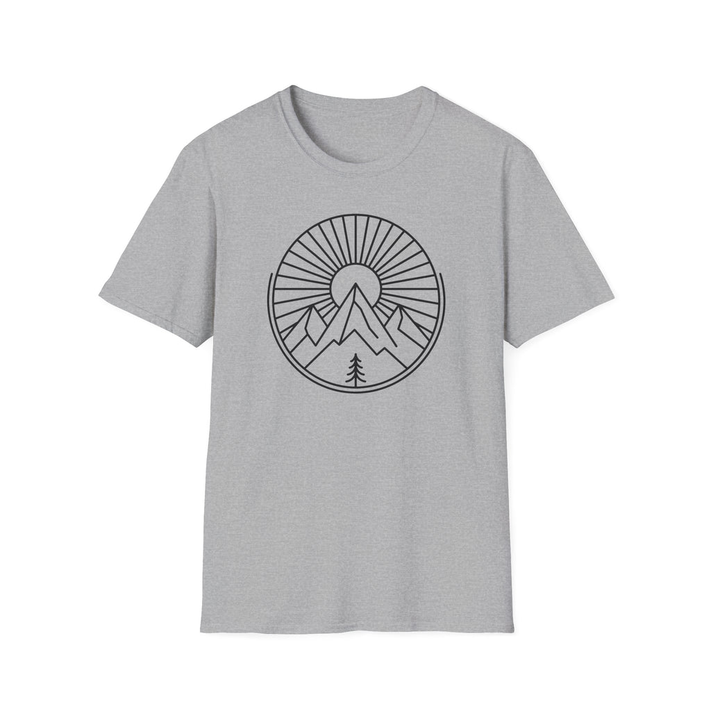 Light gray unisex t-shirt with monochrome circular mountain-and-tree sunburst graphic