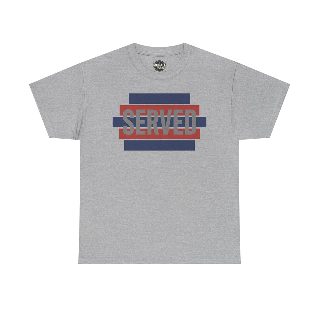 Light gray T-shirt with “SERVED” graphic in red and blue stripes at center chest
