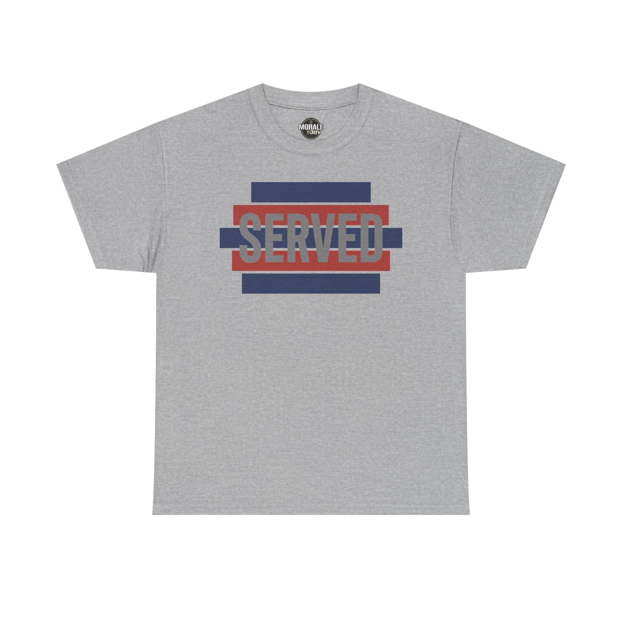 Light gray T-shirt with “SERVED” graphic in red and blue stripes at center chest
