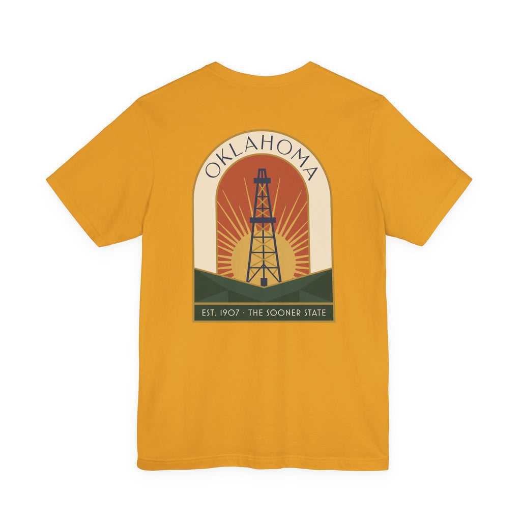 Mustard T-shirt with large back oil derrick sunset graphic and Oklahoma text