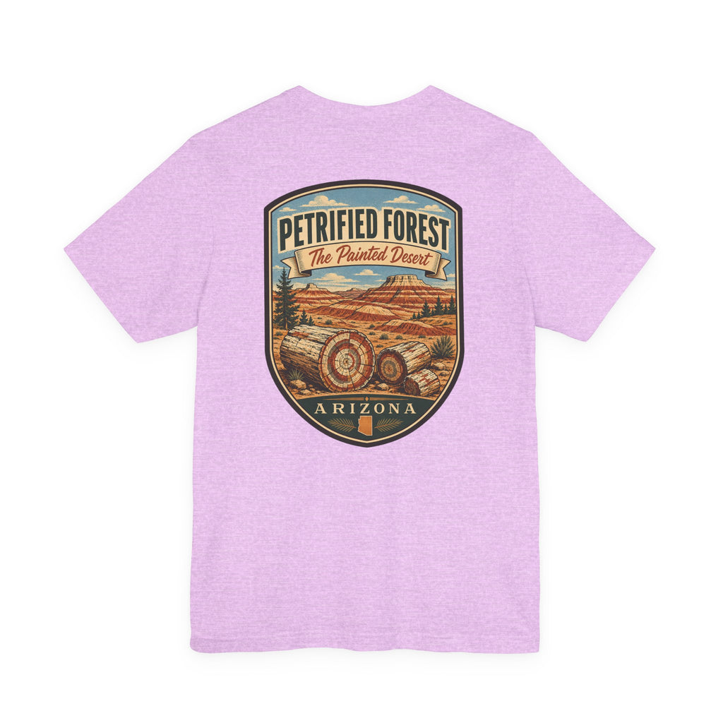 Lilac T-shirt with Petrified Forest Arizona shield graphic on back