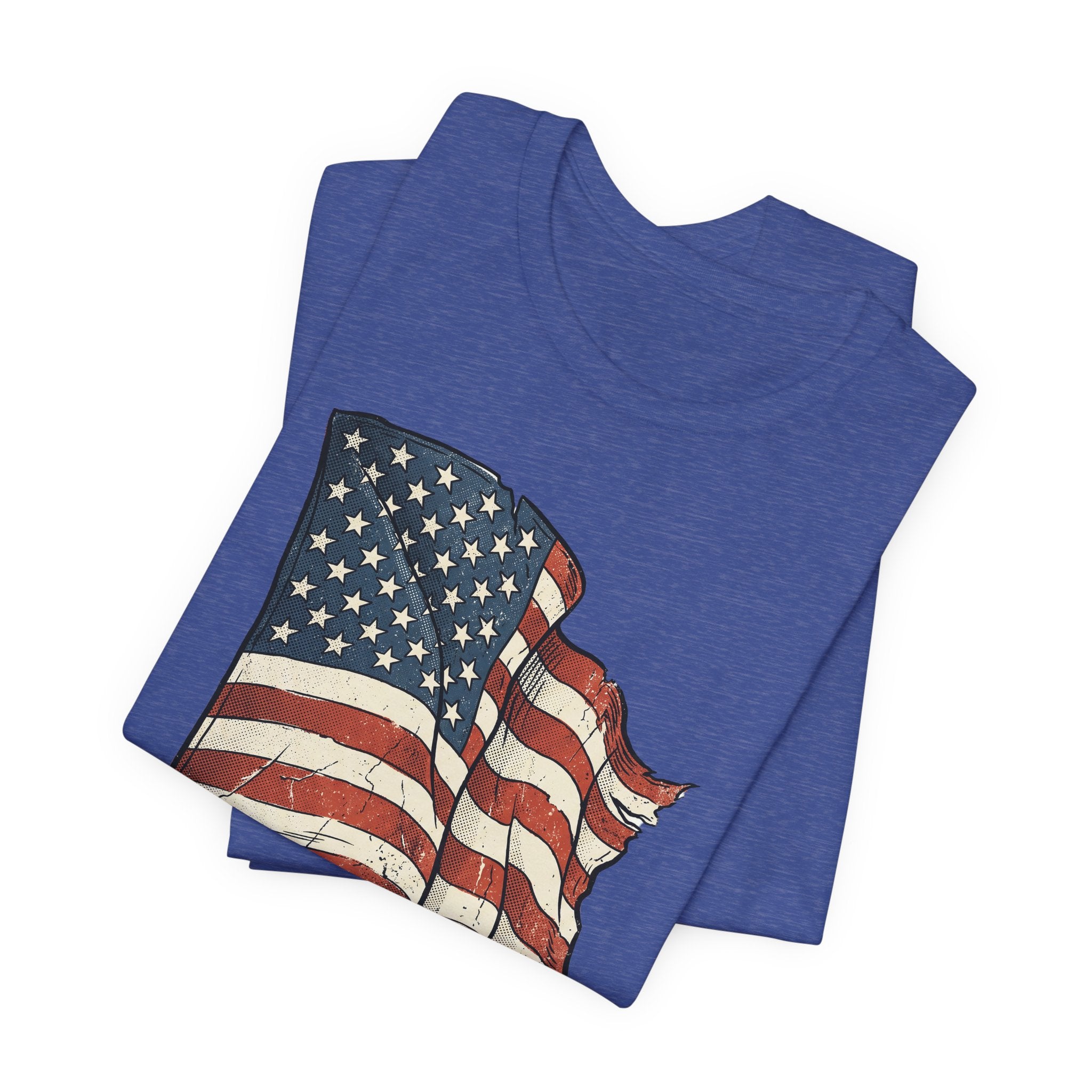 Royal blue crew-neck T-shirt with waving American flag graphic