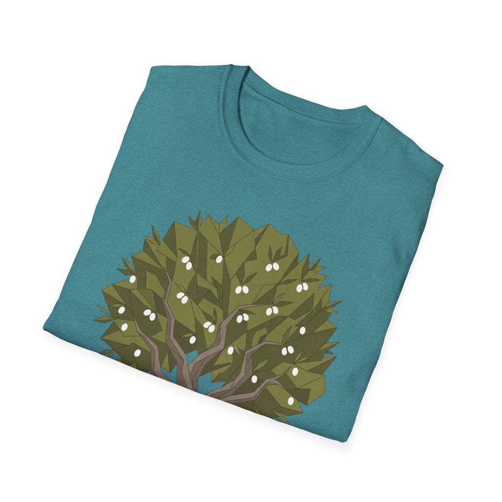 Twisted olive tree T-shirt, teal with geometric olive tree graphic on front