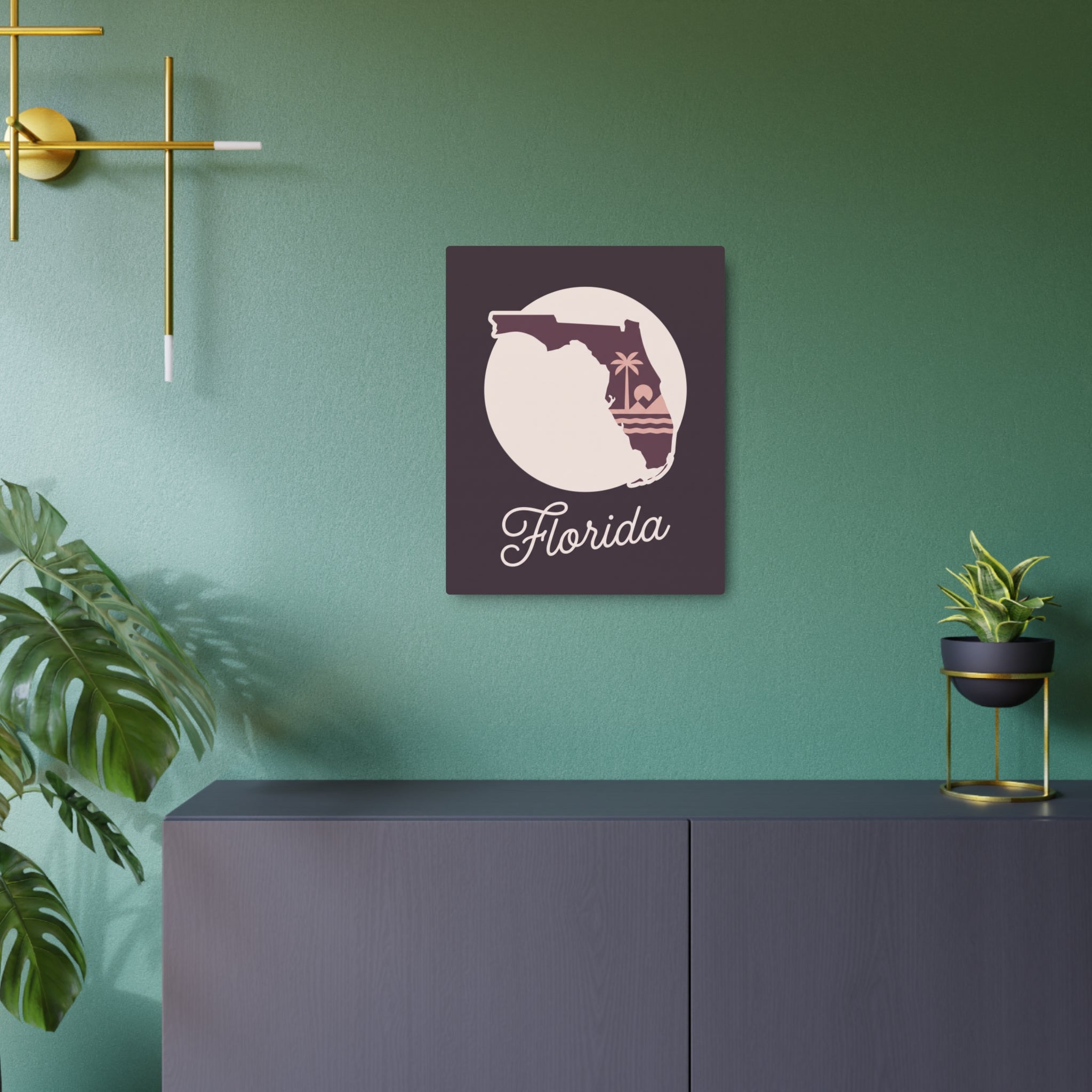 Florida silhouette metal wall art sign, white map and pink palm graphic on dark square