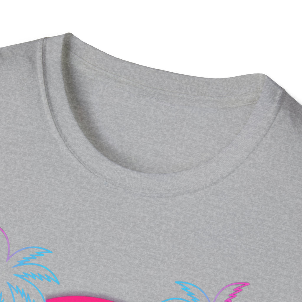 Vaporwave Skull Sunset T-shirt, Dark Heather—close-up of crew neck and partial graphic