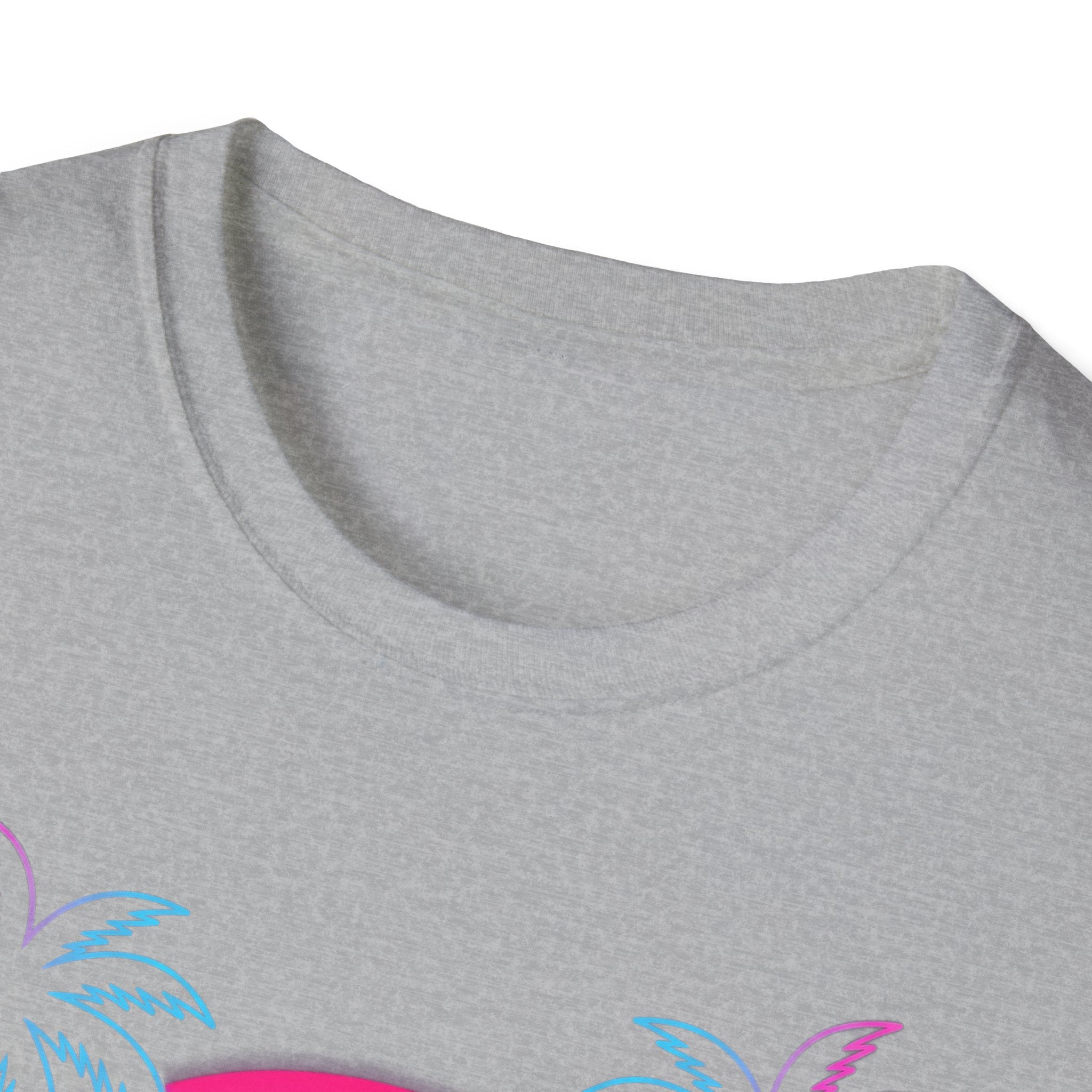 Vaporwave Skull Sunset T-shirt, Dark Heather—close-up of crew neck and partial graphic