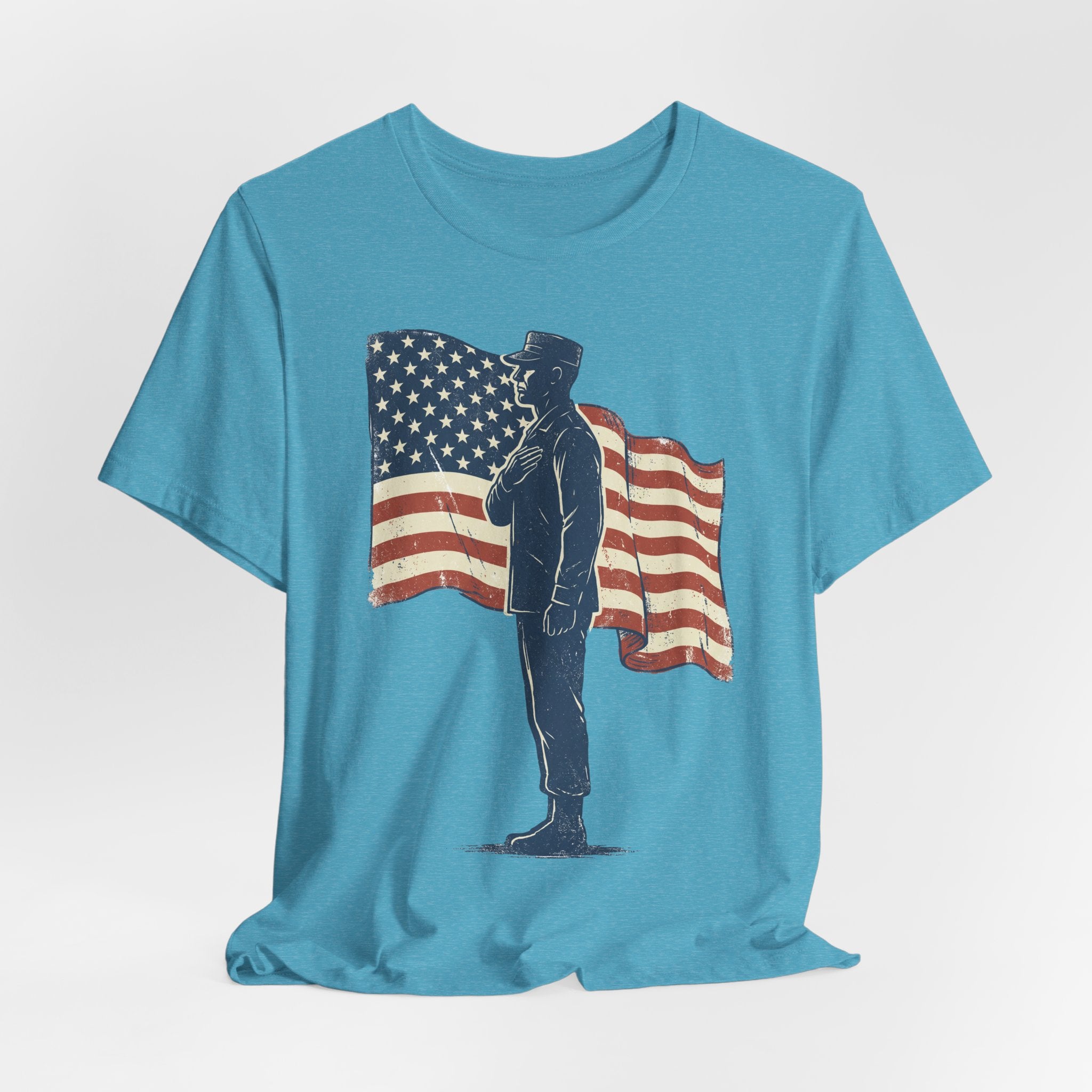 Turquoise crew-neck T-shirt with saluting soldier and waving American flag print