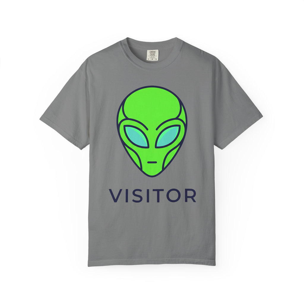 Gray T-shirt with neon green alien head graphic and word VISITOR