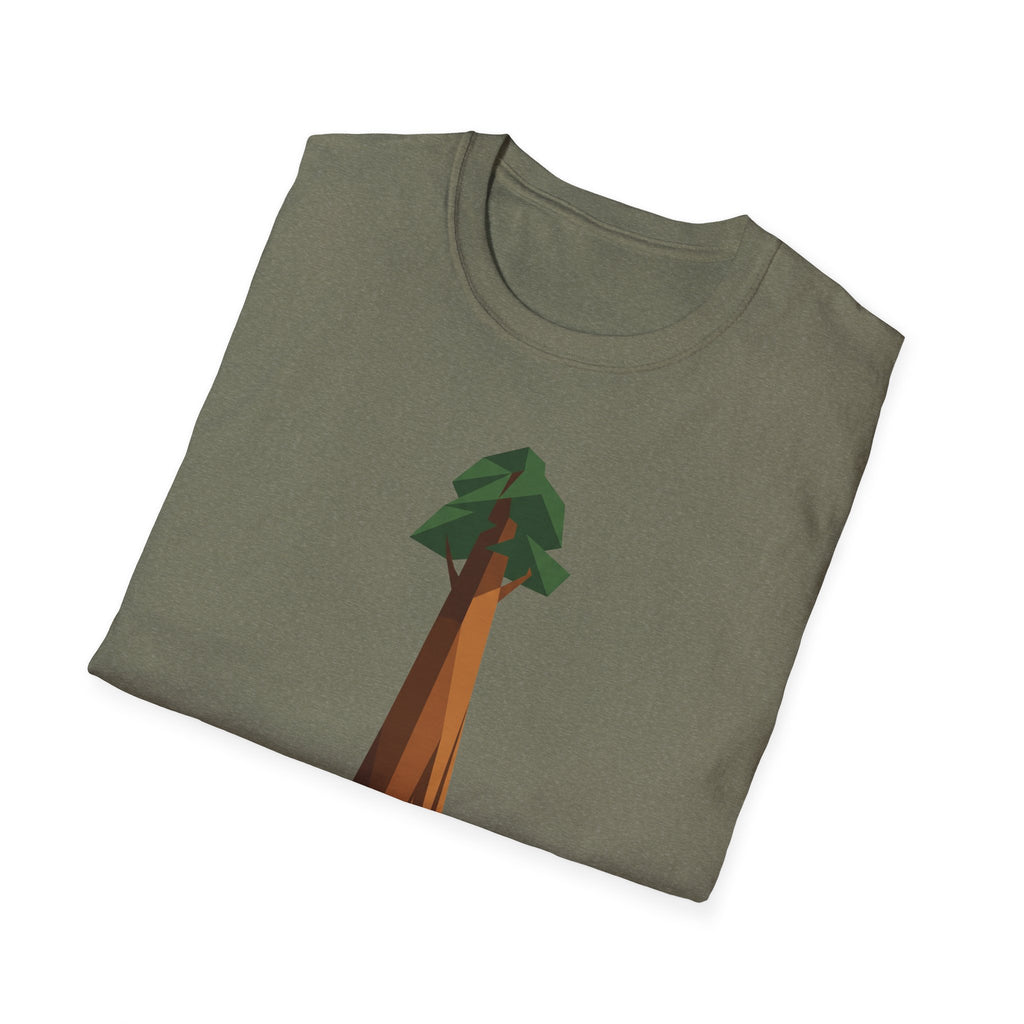 Olive green T-shirt featuring full geometric redwood tree graphic