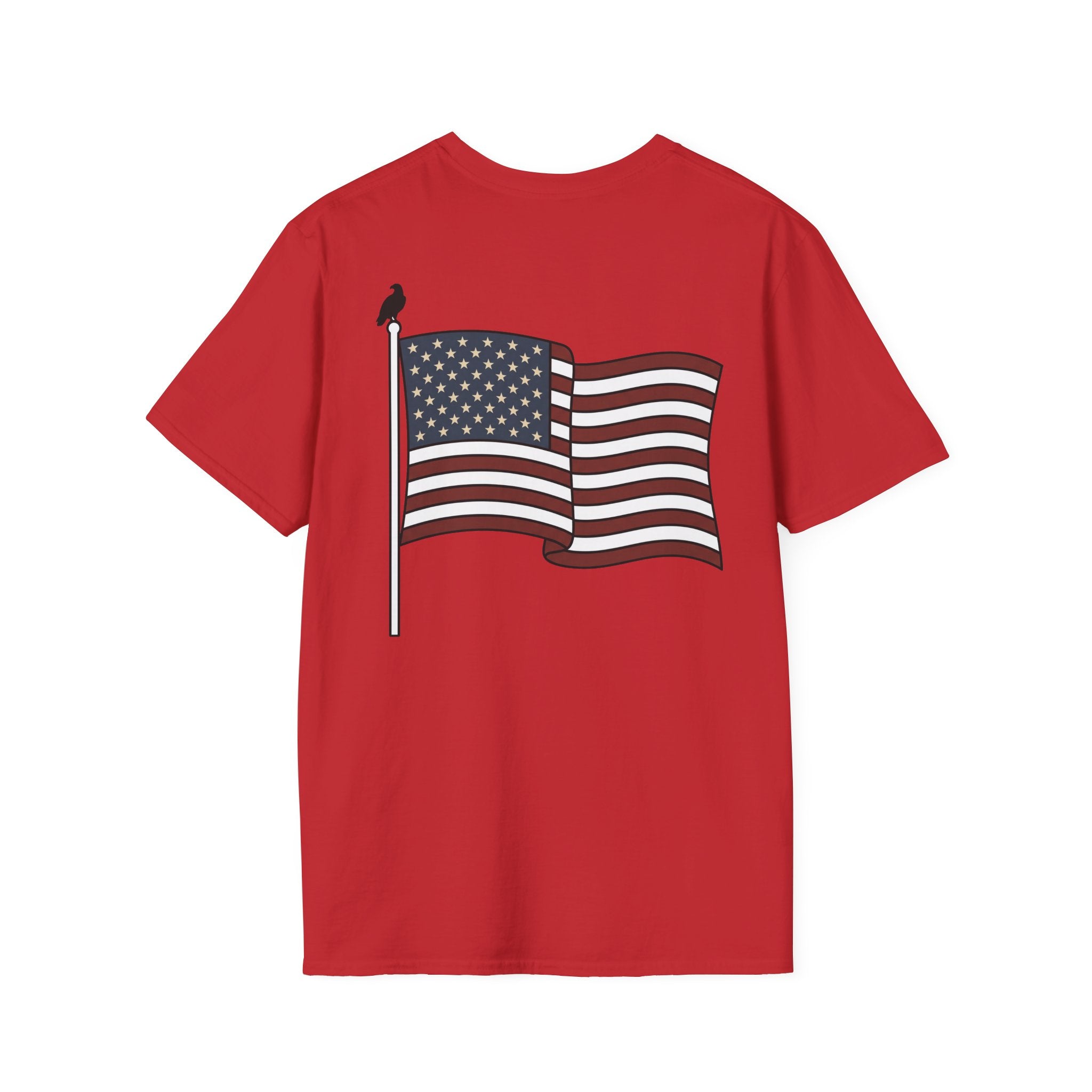 Red T-shirt with full-color American flag on a pole graphic