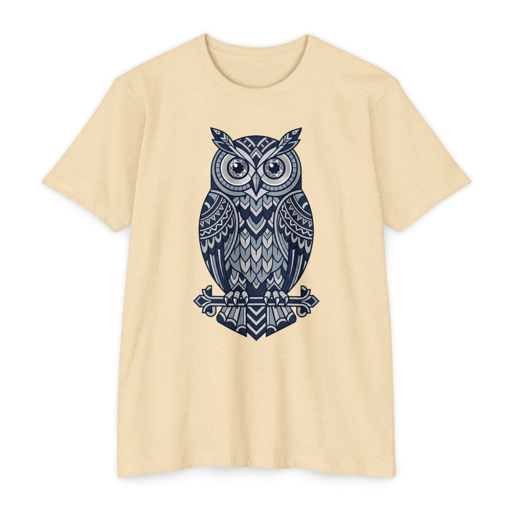 Graphic owl T-shirt, cream crew neck short sleeves, blue owl graphic