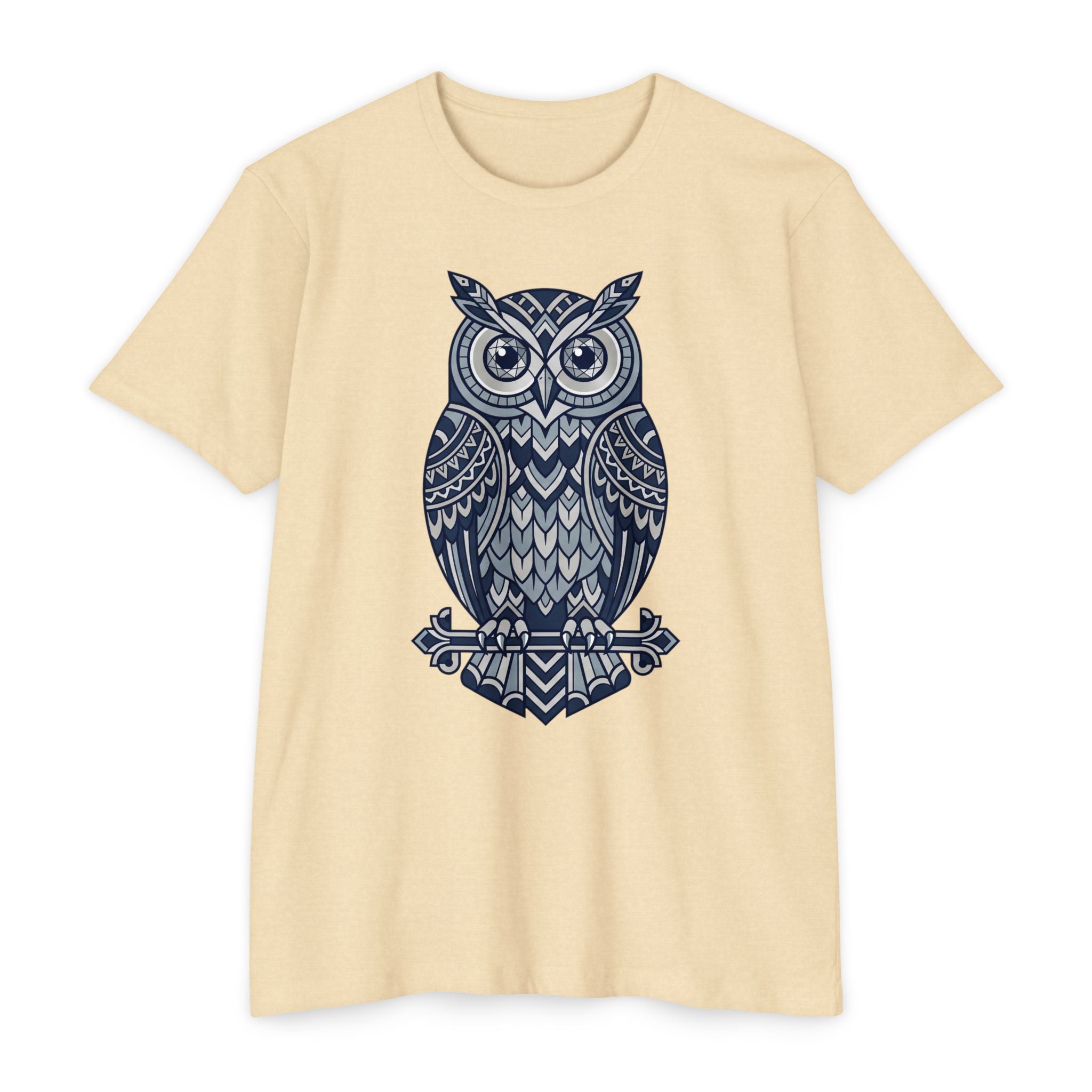 Graphic owl T-shirt, cream crew neck short sleeves, blue owl graphic