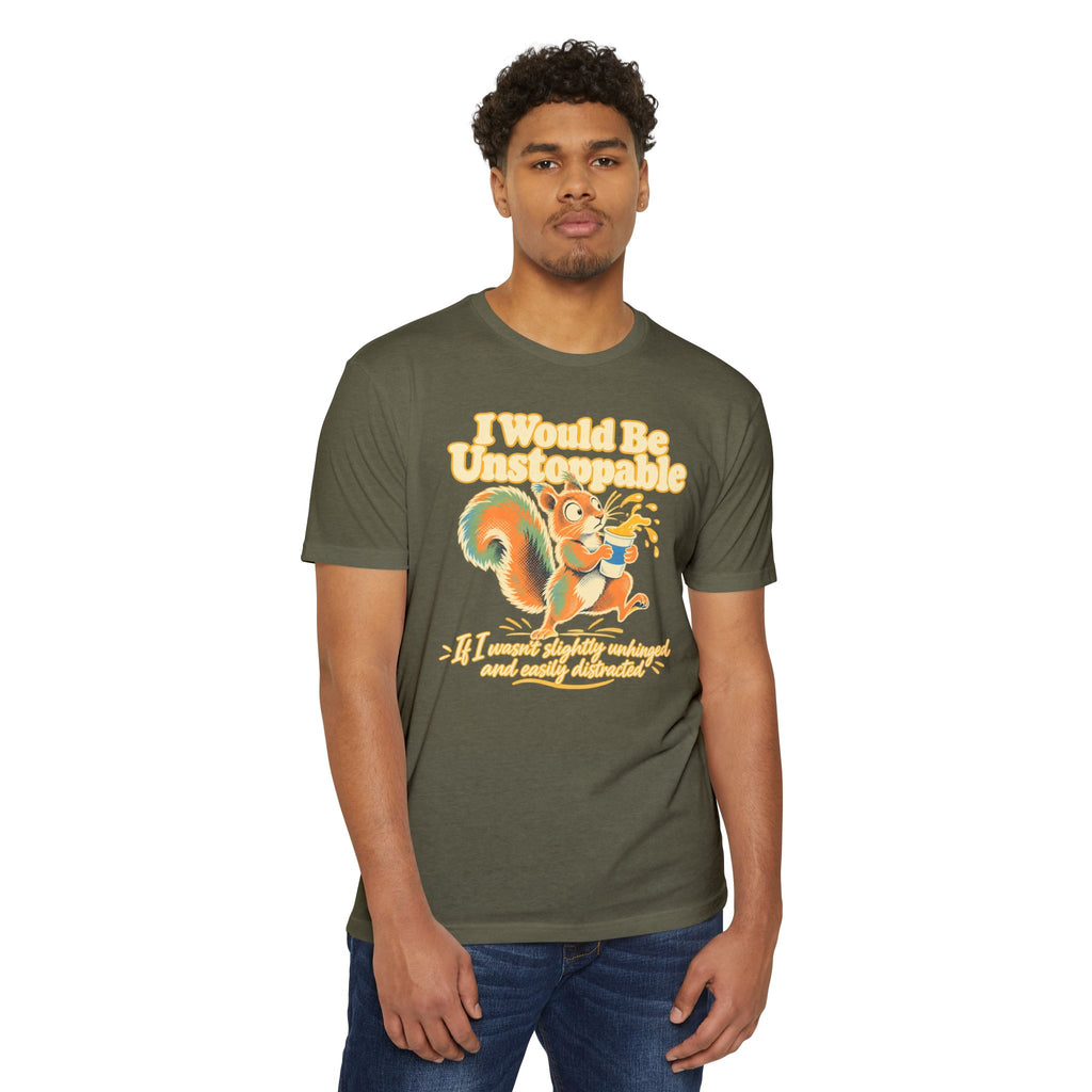 Olive green T-shirt with colorful squirrel graphic and 'Unstoppable' quote