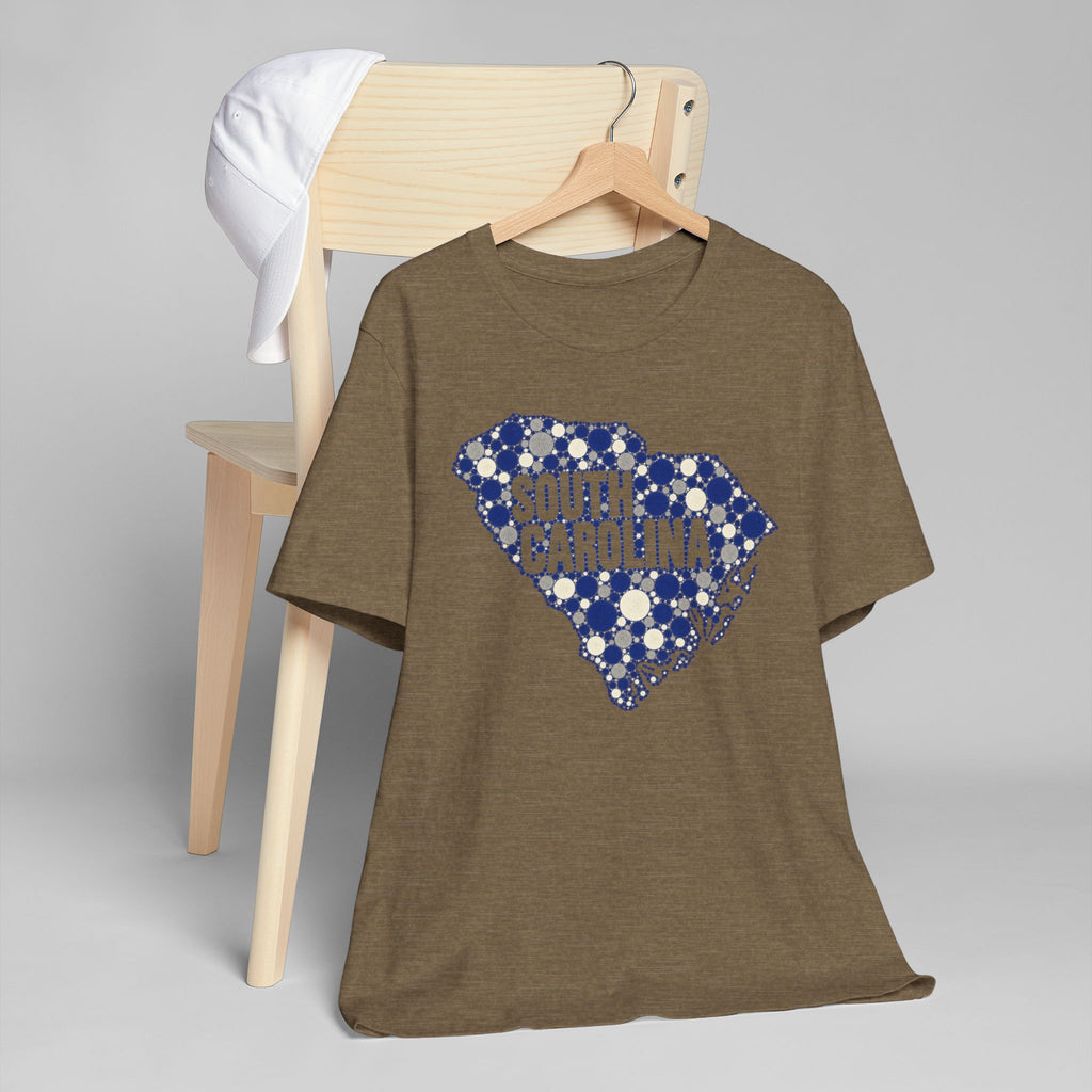 Dark olive-brown t-shirt with blue dotted South Carolina map graphic.