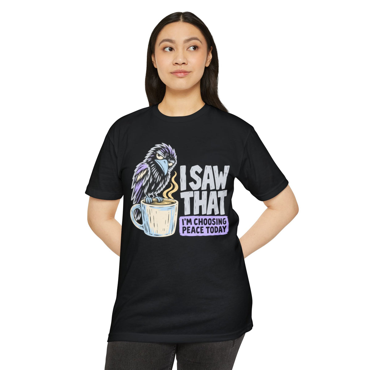 Black raven coffee graphic T-shirt with peace wording and raven icon