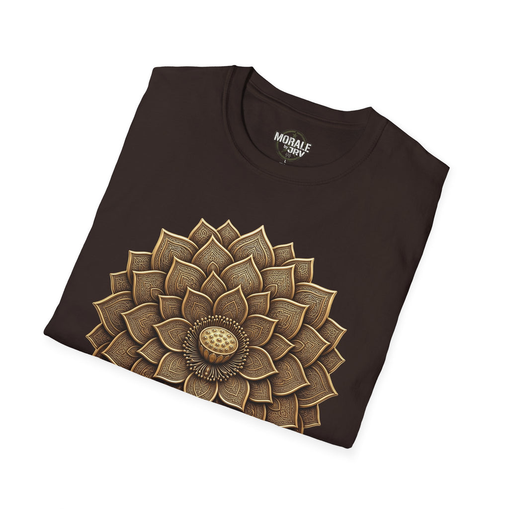 Dark brown T-Shirt with gold mandala flower in geometric lotus sunburst design