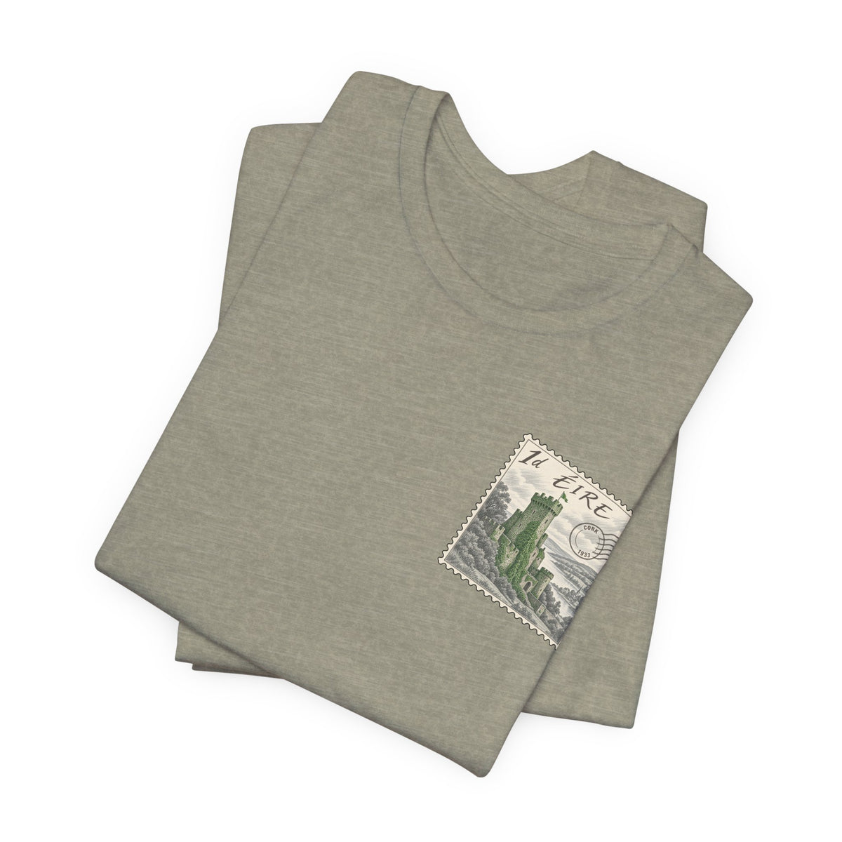 Heather gray T-shirt with small vintage postage-stamp graphic on chest
