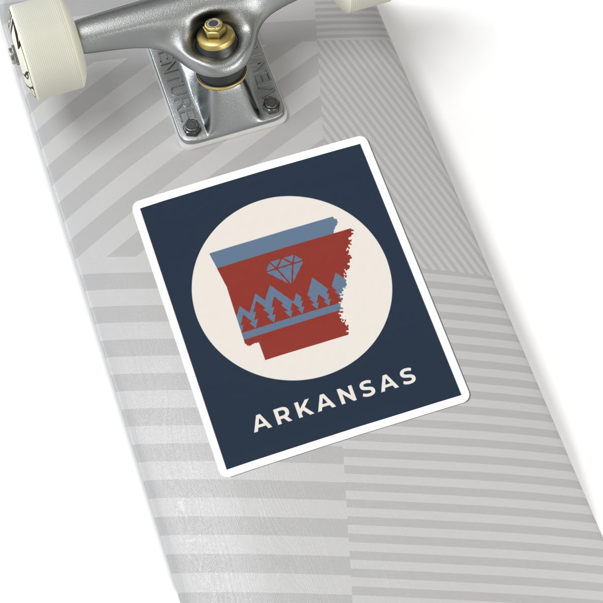 Arkansas emblem kiss-cut sticker on gray suitcase, diamond and pine trees with ARKANSAS