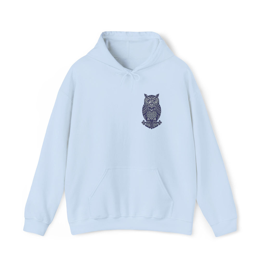 Light blue unisex hoodie with blue owl chest print and front pouch pocket