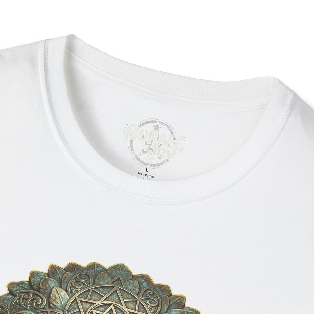 White T-shirt neckline and collar logo; partial eagle illustration below