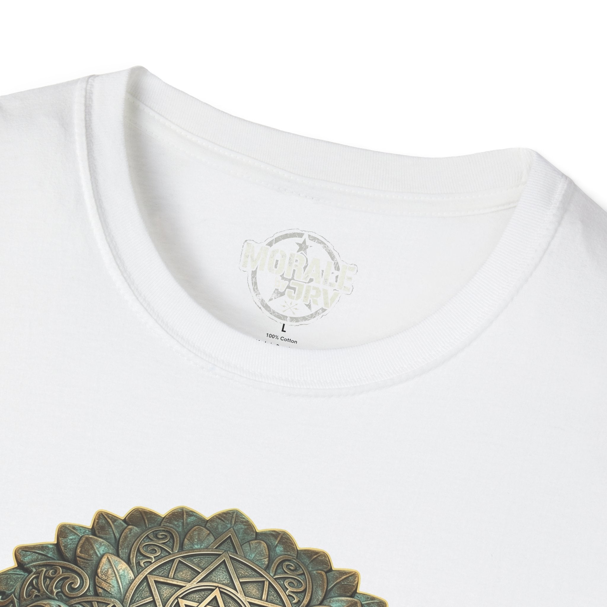 White T-shirt neckline and collar logo; partial eagle illustration below