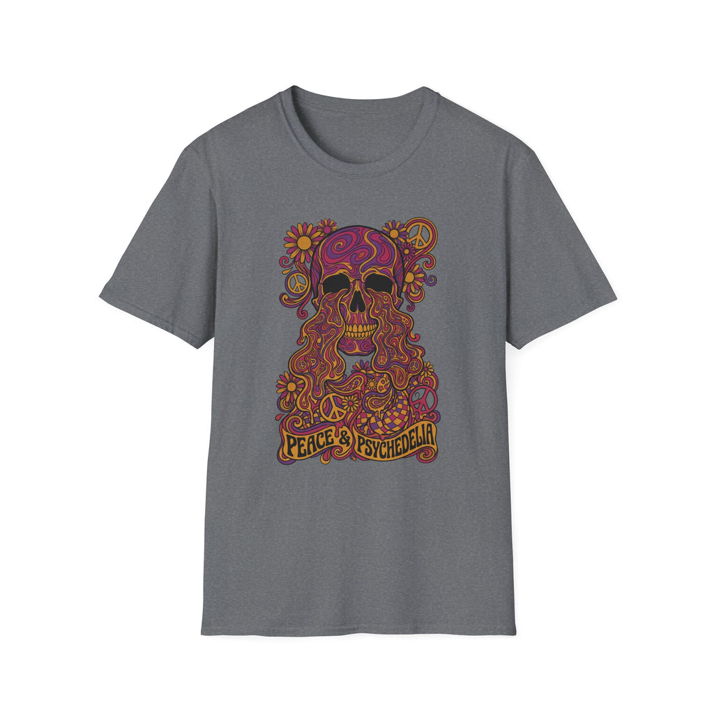 Skull T-shirt in gray with colorful floral psychedelic skull graphic and peace slogan