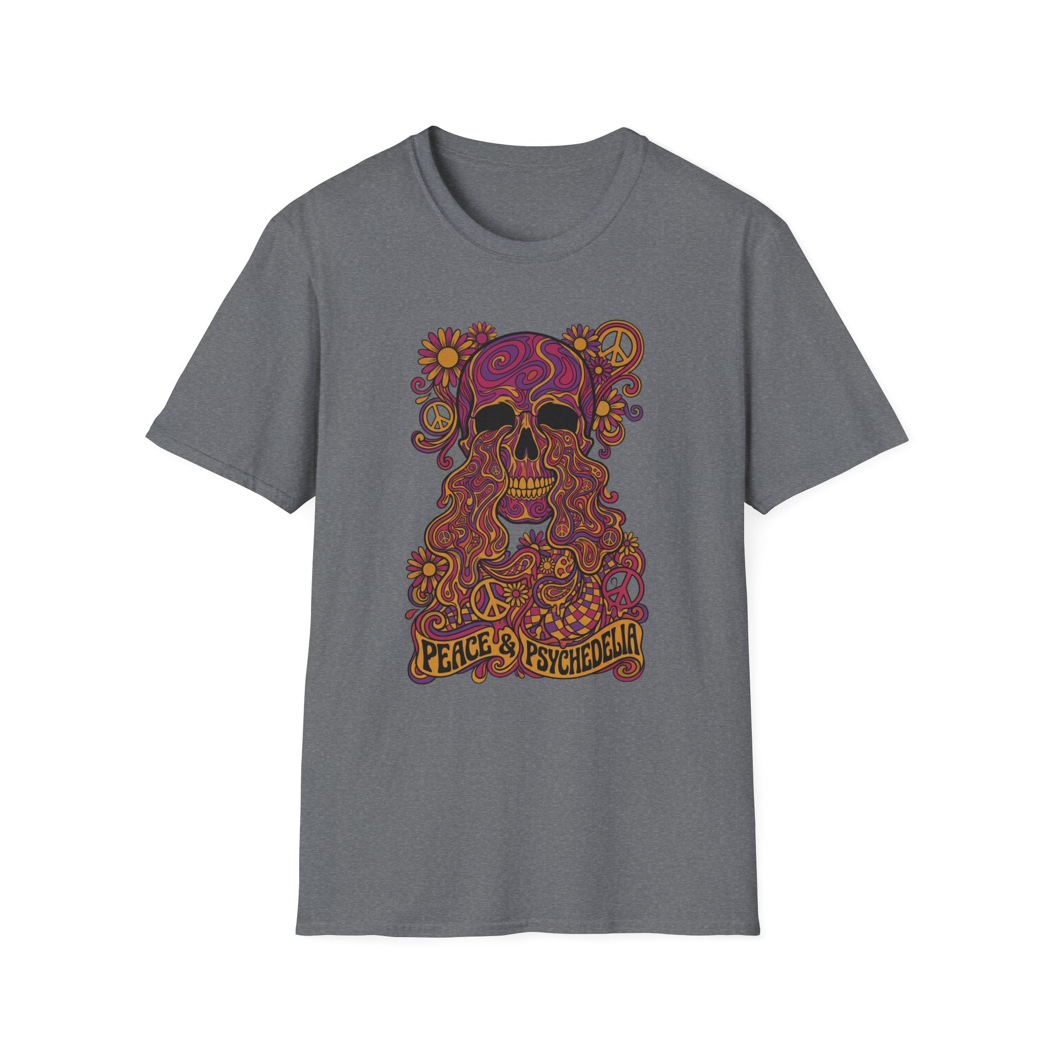 Skull T-shirt in gray with colorful floral psychedelic skull graphic and peace slogan