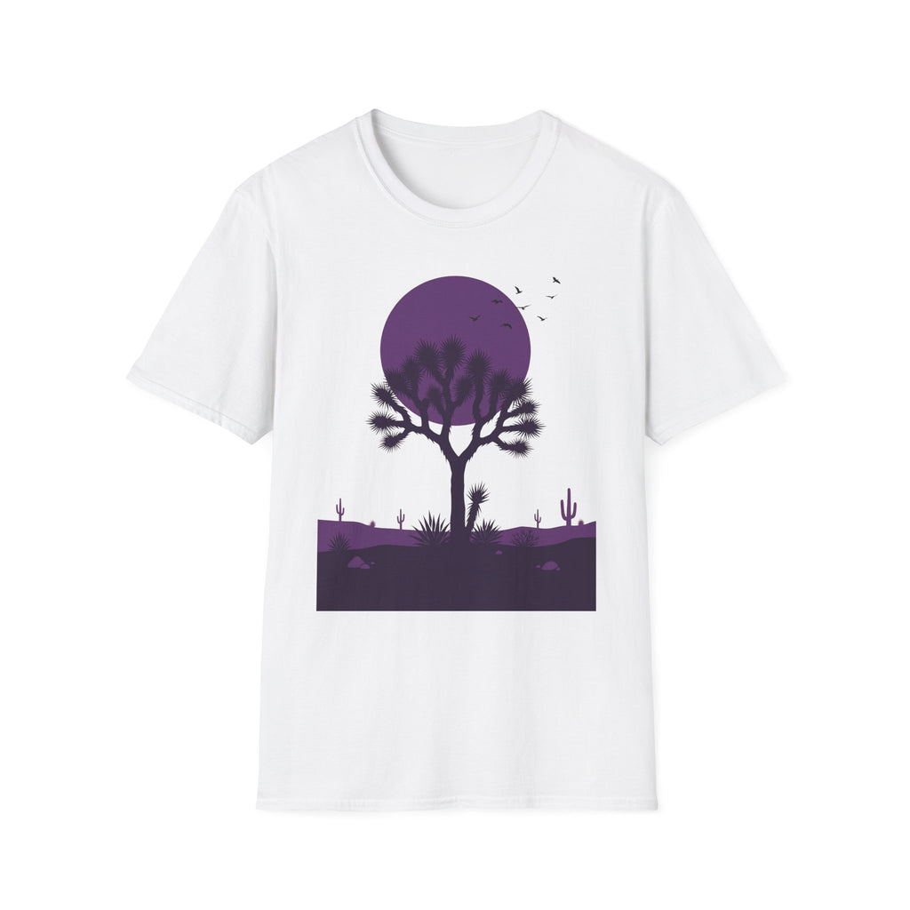 White T-shirt with purple moon and Joshua tree desert landscape silhouette graphic