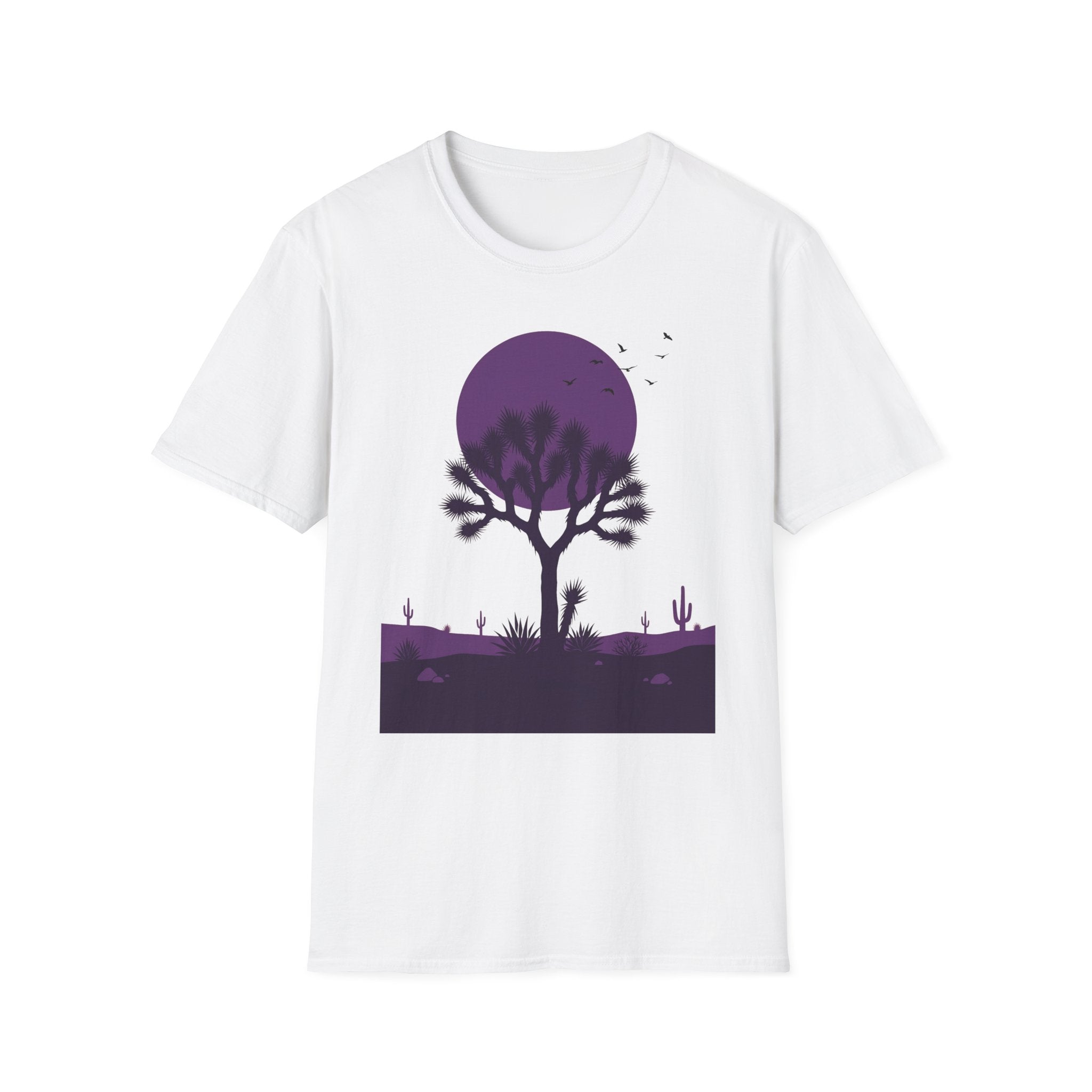 White T-shirt with purple moon and Joshua tree desert landscape silhouette graphic