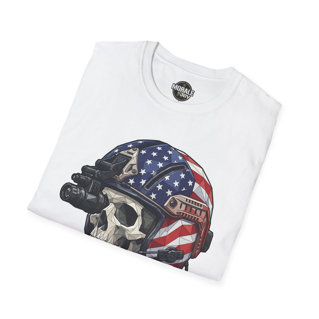Skull tactical helmet T-shirt in white with American flag helmet and goggles graphic
