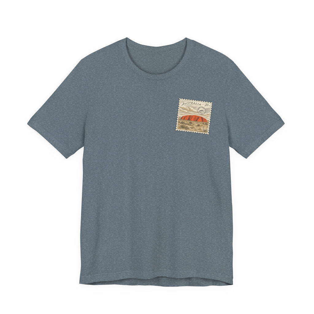 Heather slate crewneck T-shirt with small postage-stamp style chest graphic