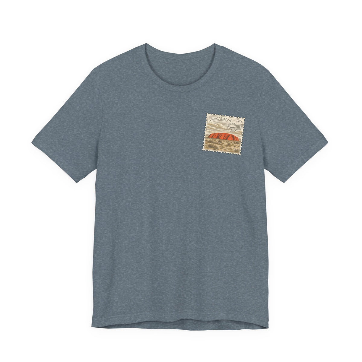 Heather slate crewneck T-shirt with small postage-stamp style chest graphic